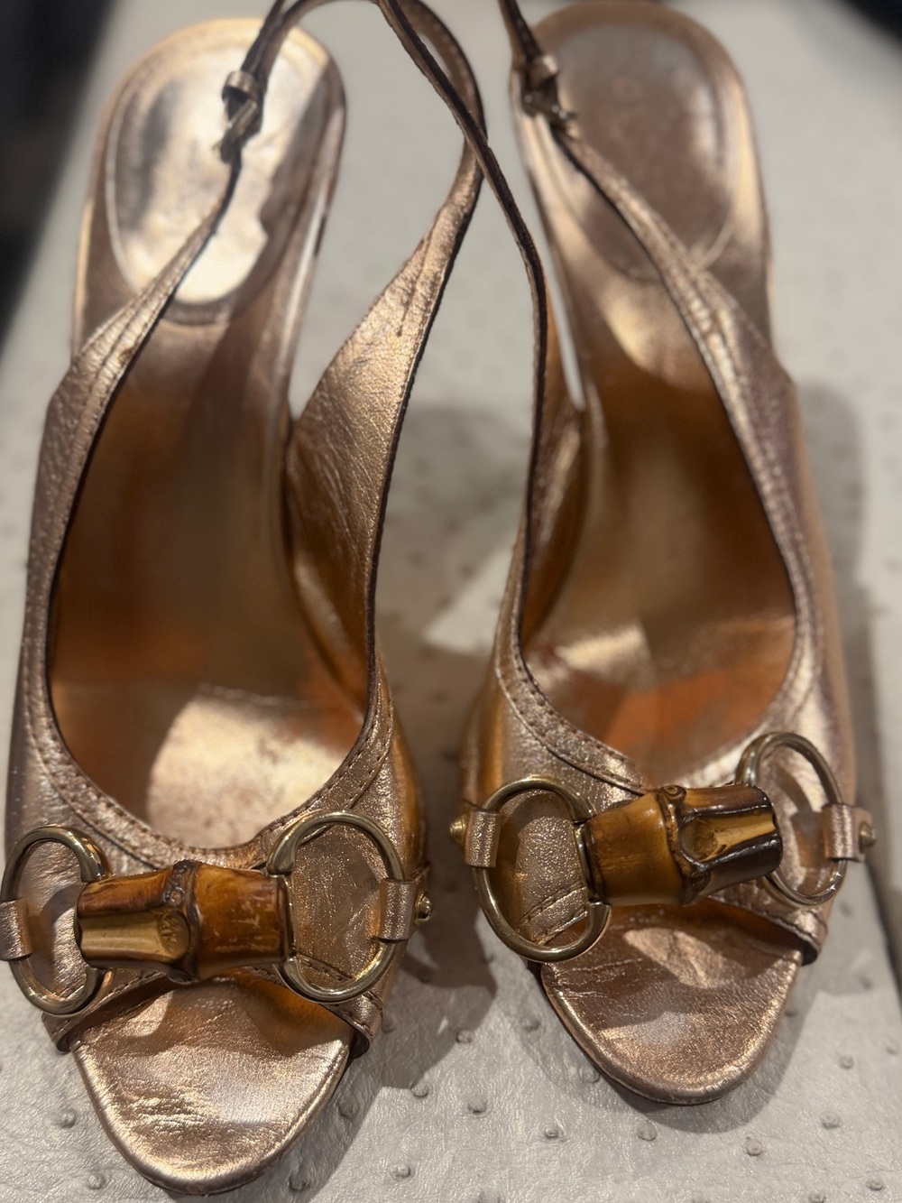 Gucci Metallic Rose Gold Open-Toe Slingback Heels with Bamboo Horsebit